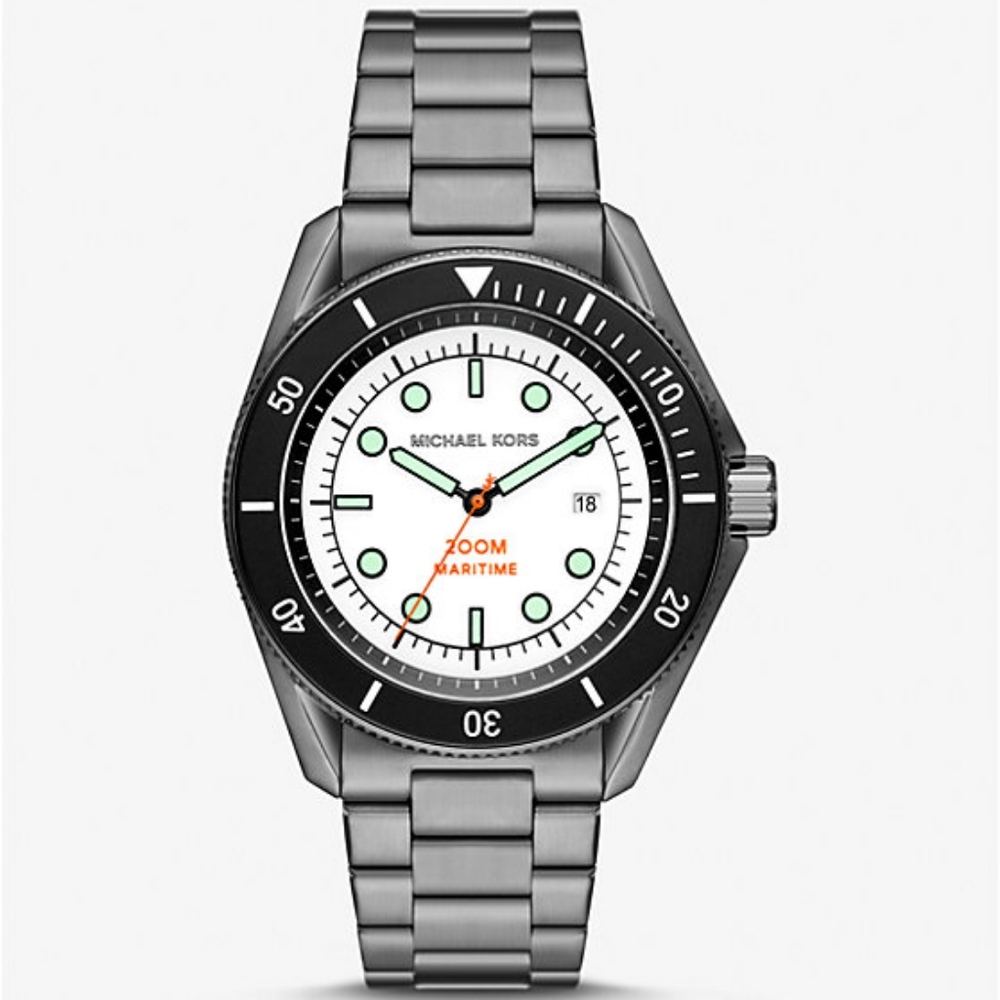 Michael Kors Maritime Mens 200m Diver Watch White Dial Gray Stainless Steel Band